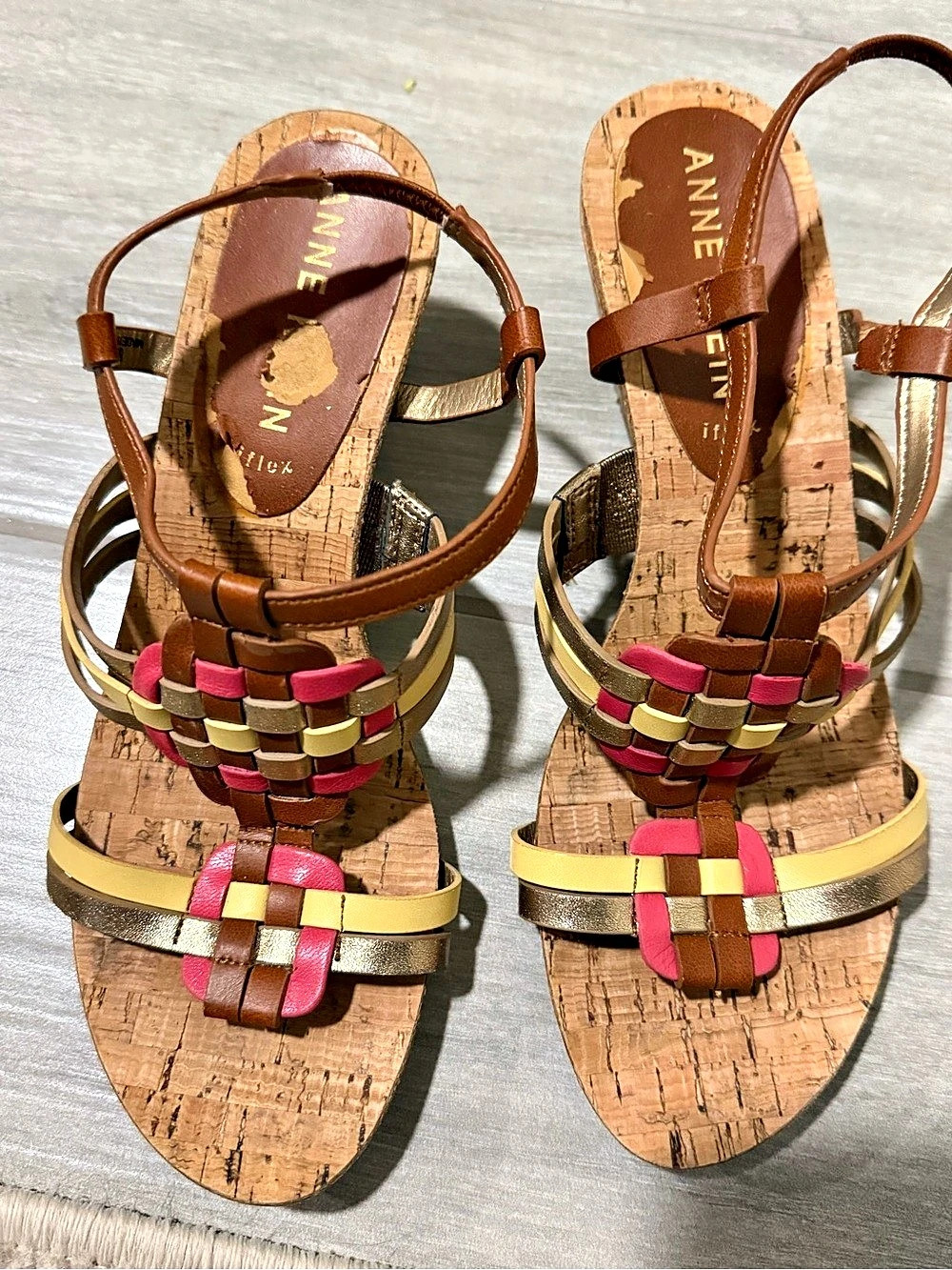 Anne Klein Strappy Color Block Sandals Brown & Gold
